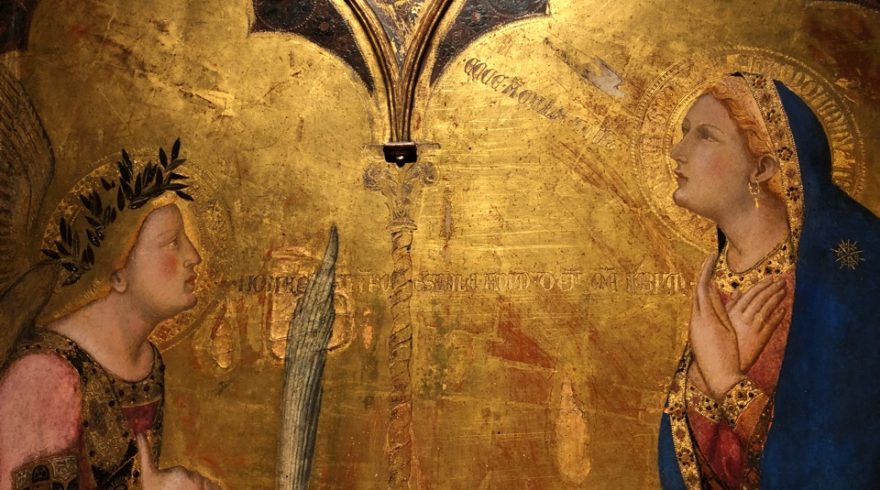 Ambrogio Lorenzetti Annunciazione” 1344. Tempera and gold on board, 122×137 cm, Pinacoteca Nazionale, Siena